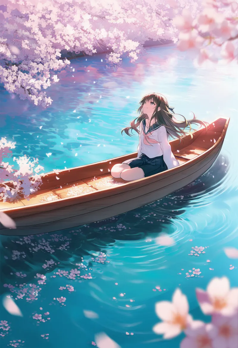 ボートから桜を見るお花見（川・構図）のAIイラスト
