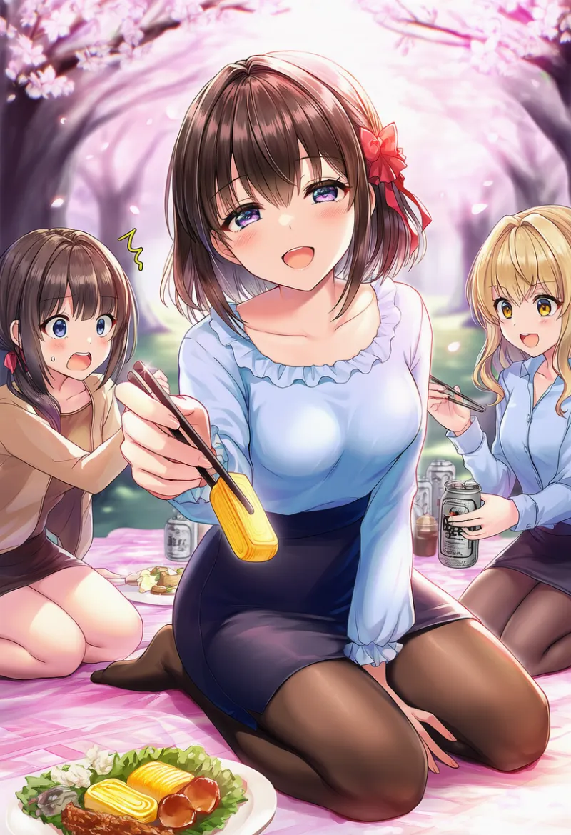 あーん構図のお花見（食べさせる）のAIイラスト