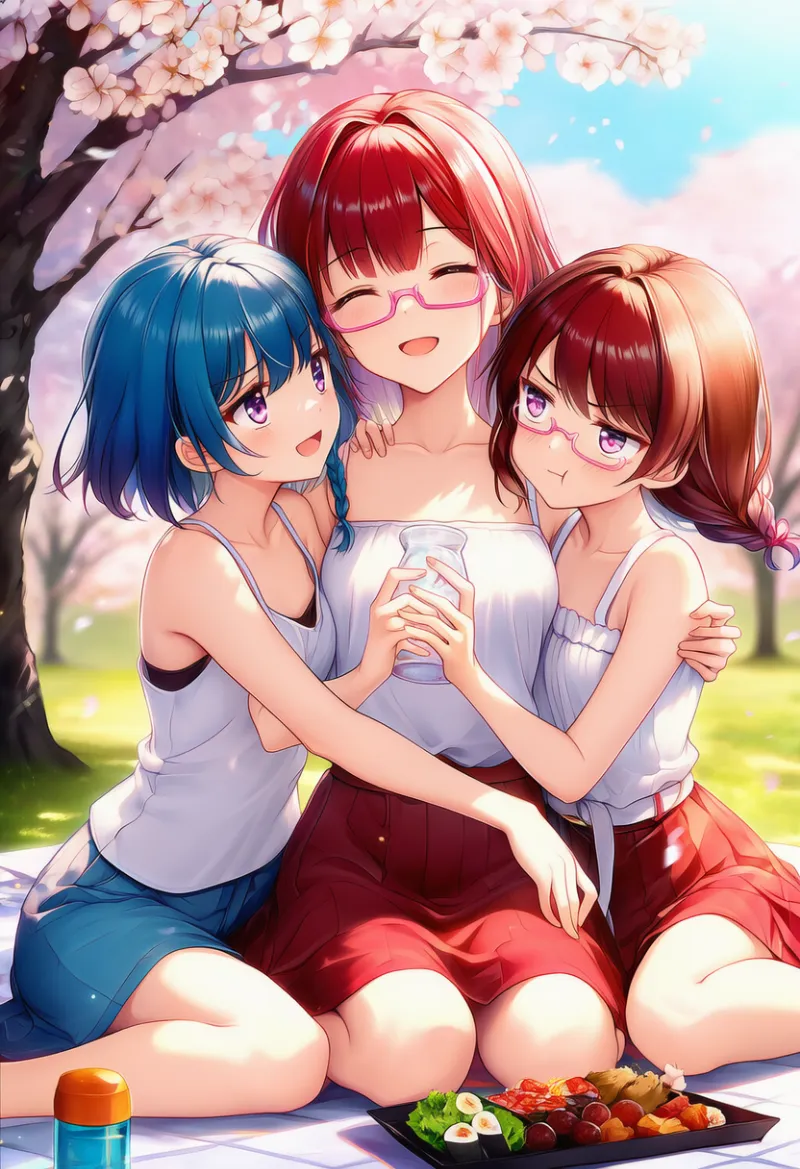 寄り添うお花見シーン（複数人）のAIイラスト