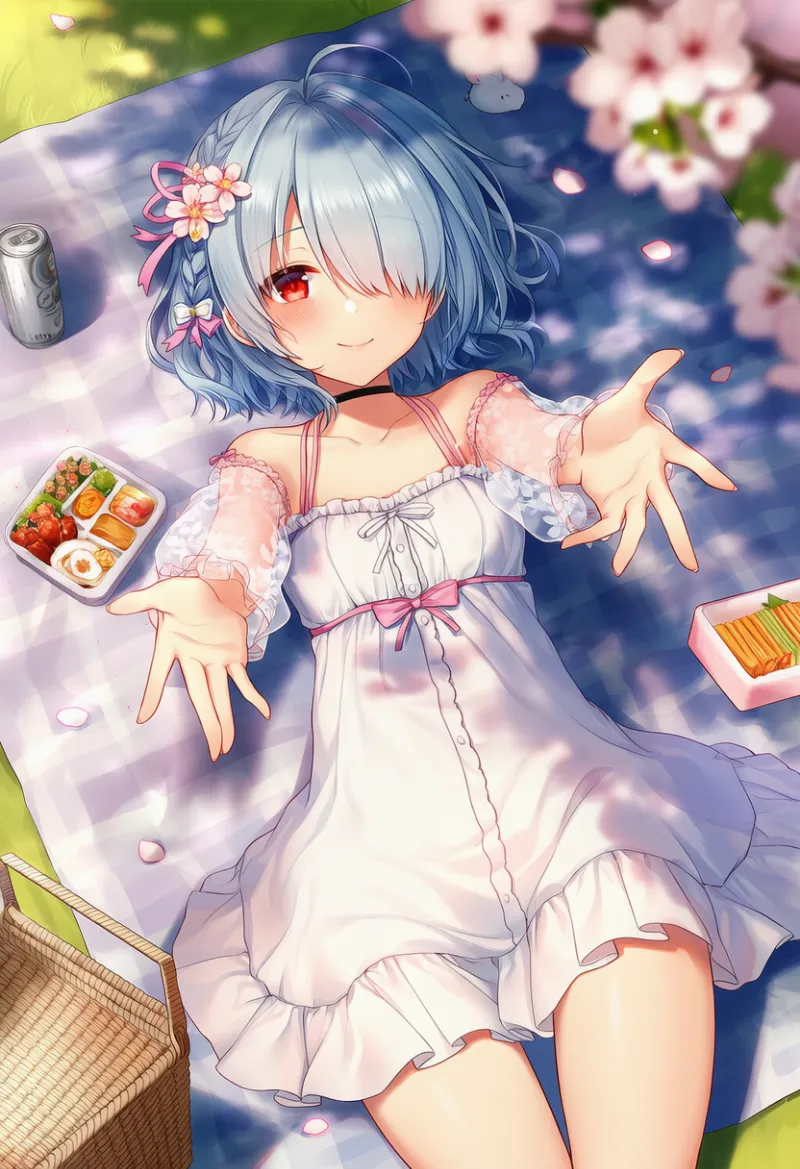 寝転び構図のお花見（俯瞰）のAIイラスト