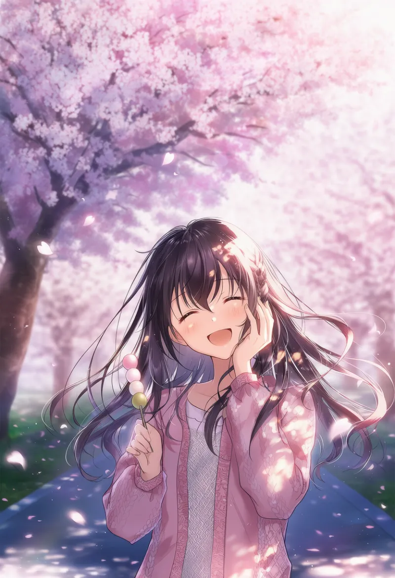 桜並木を歩いてお花見（食べ歩き）のAIイラスト