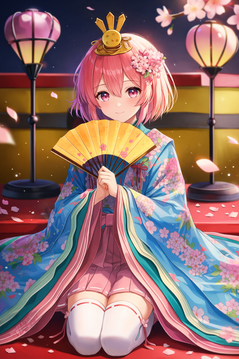 青着物とピンクプリーツスカートのひな祭りコーデ｜ひな祭りのAIイラストとプロンプト紹介