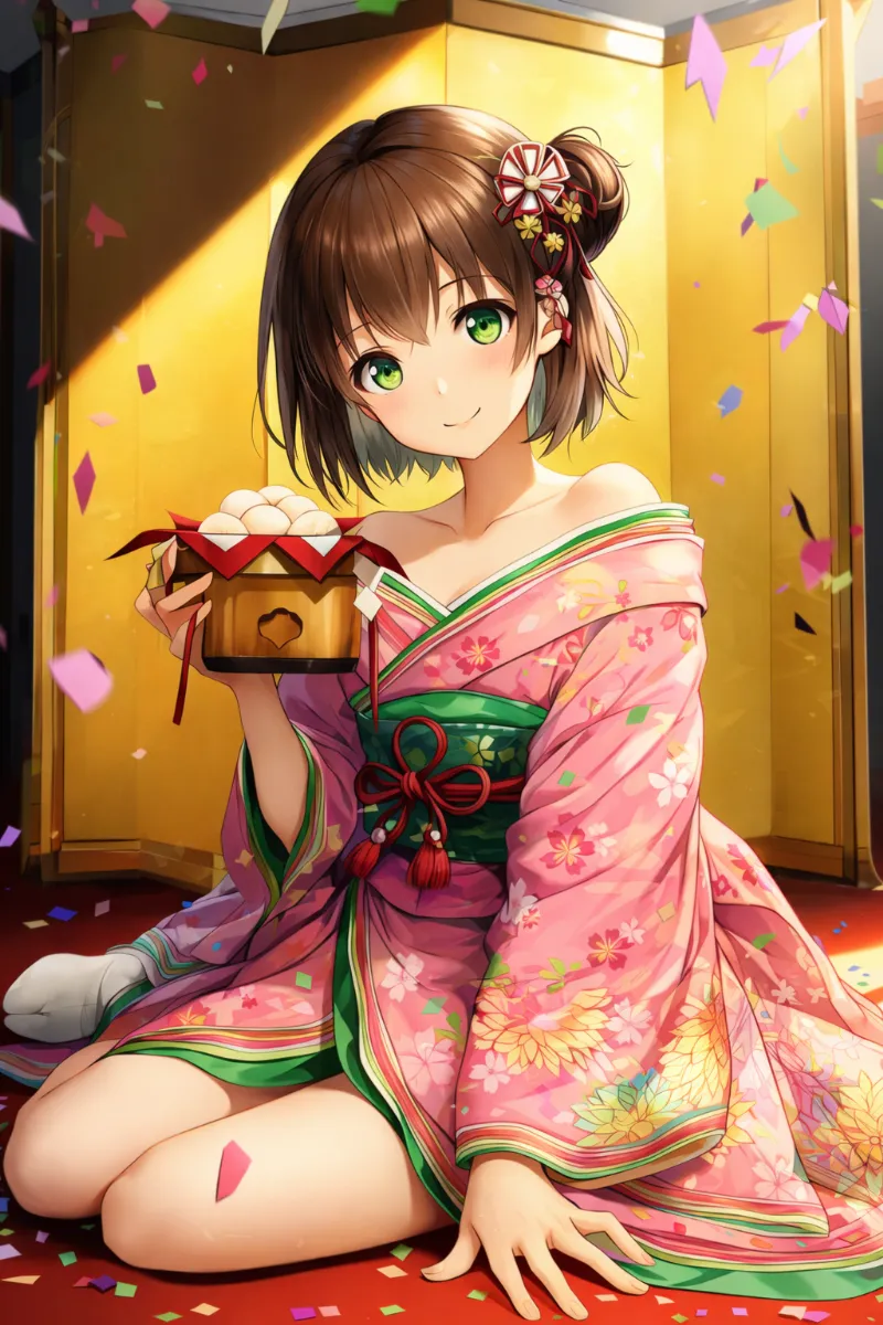 ピンク着物と緑パイピングの花柄コーデ｜ひな祭りのAIイラストとプロンプト紹介