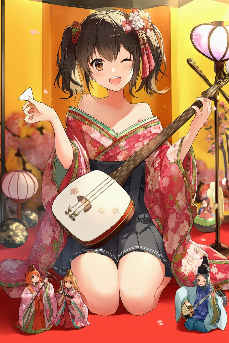 赤花柄着物とプリーツスカート（ミニ雛の演奏シーン付き）｜ひな祭りのAIイラストとプロンプト紹介