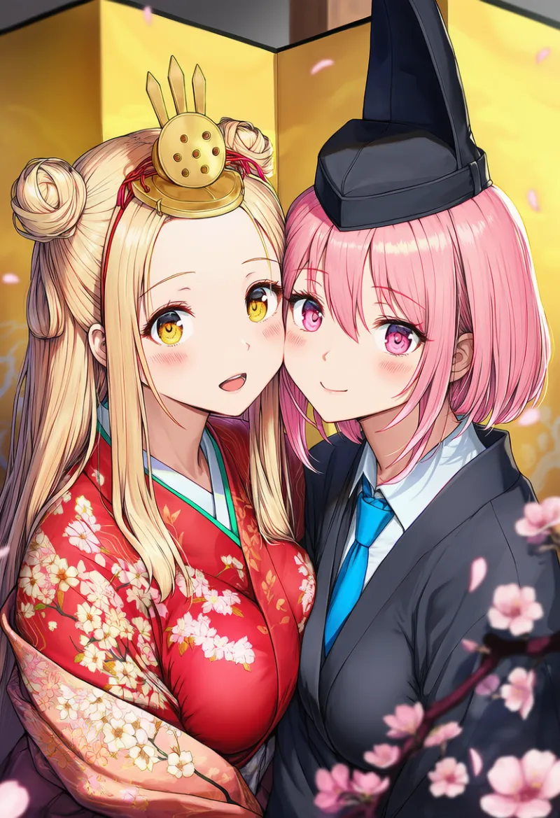 赤花柄着物と黒束帯のお雛様・お内裏様セット｜ひな祭りのAIイラストとプロンプト紹介