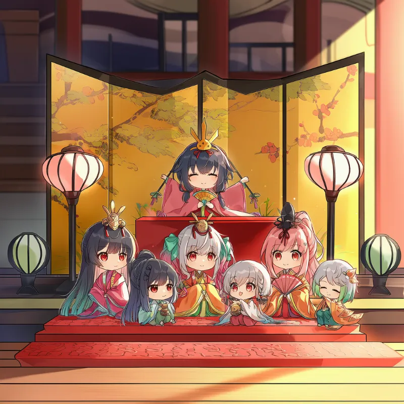 ちびキャラを雛壇に配置するひな祭りプロンプト｜ひな祭りのAIイラスト