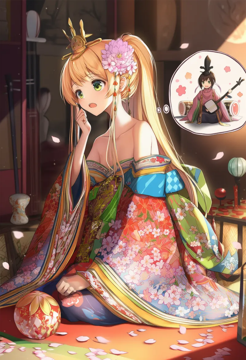 オフショル着物と多色花柄のひな祭りコーデ｜ひな祭りのAIイラストとプロンプト紹介