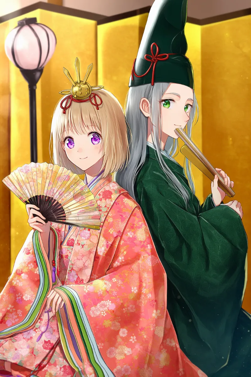 花柄振袖と暗緑束帯・立烏帽子のお雛様・お内裏様セット｜ひな祭りのAIイラストとプロンプト紹介