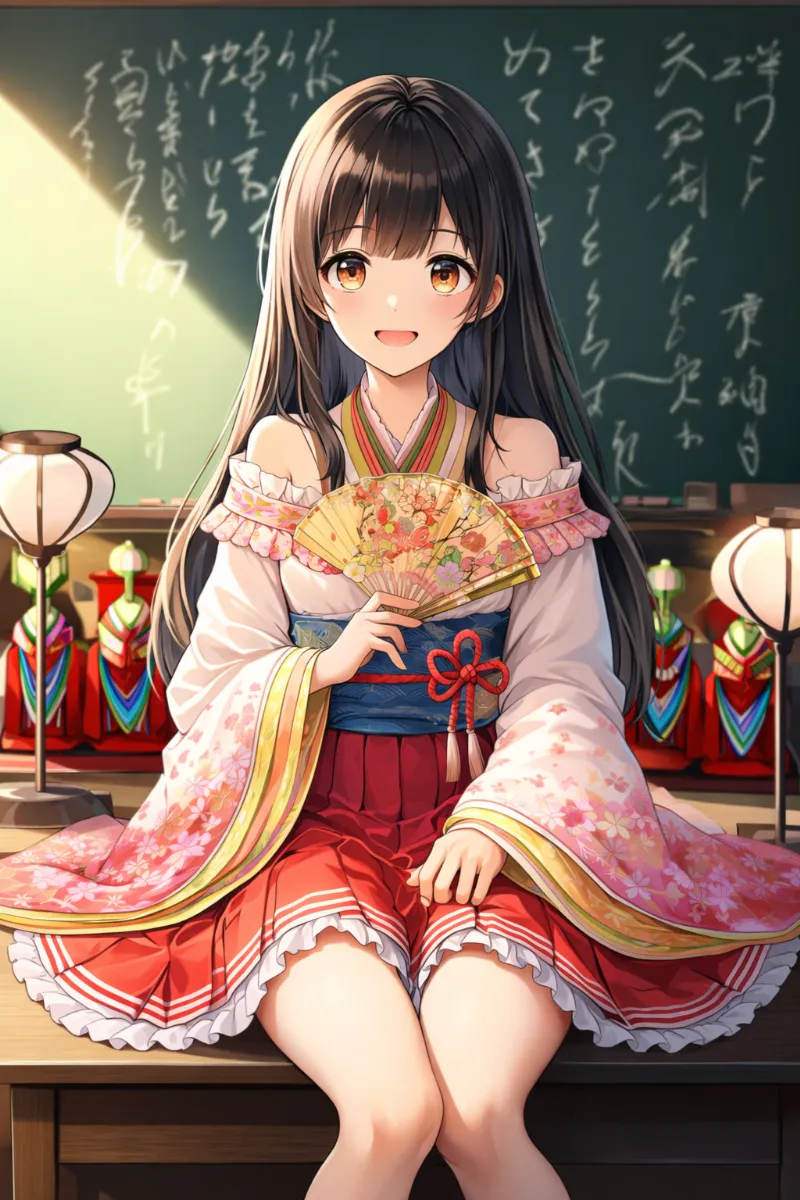 フリル着物とミニスカートのひな祭りコーデ｜ひな祭りのAIイラストとプロンプト紹介