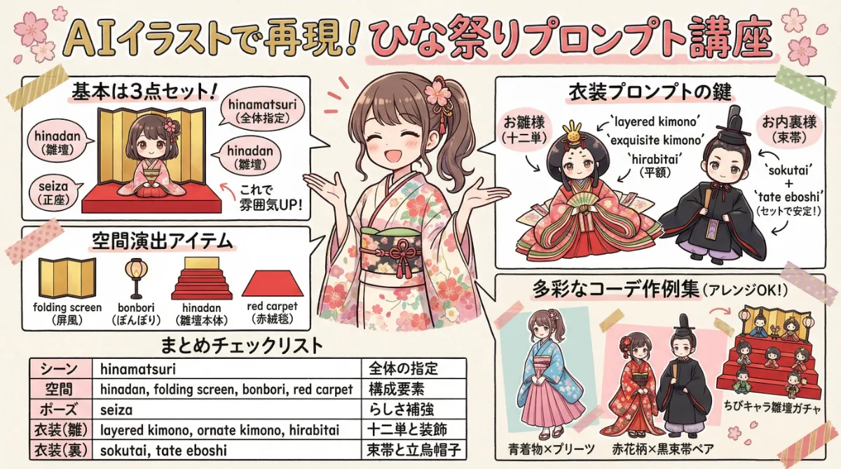 ひな祭りのプロンプト集のまとめ用の図解イラスト（グラレコ）