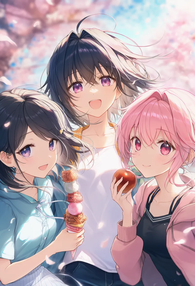 食べ物を持っている（花見）シーンのAIイラスト｜プロンプト：holding food