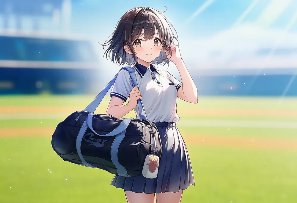 大きなダッフルバッグ（野球道具入り）を持つAIイラストとプロンプト紹介