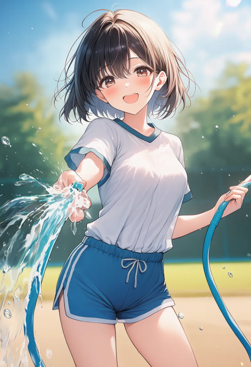 ホースで水をかける野球部マネージャーのAIイラストとプロンプト紹介