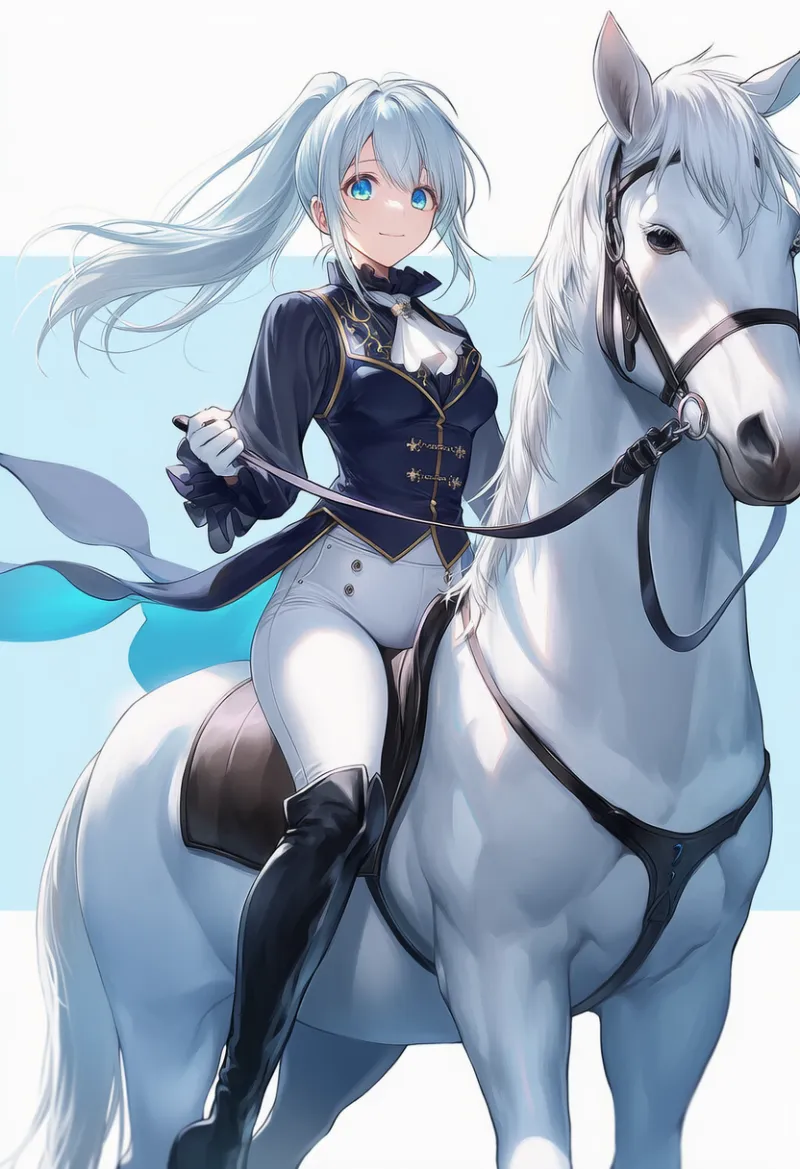 手綱を持っている乗馬シーンのAIイラスト｜プロンプト紹介