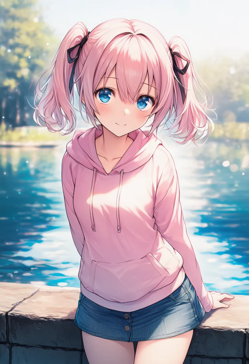 パーカーとデニムミニスカートの組み合わせプロンプトとAIイラスト