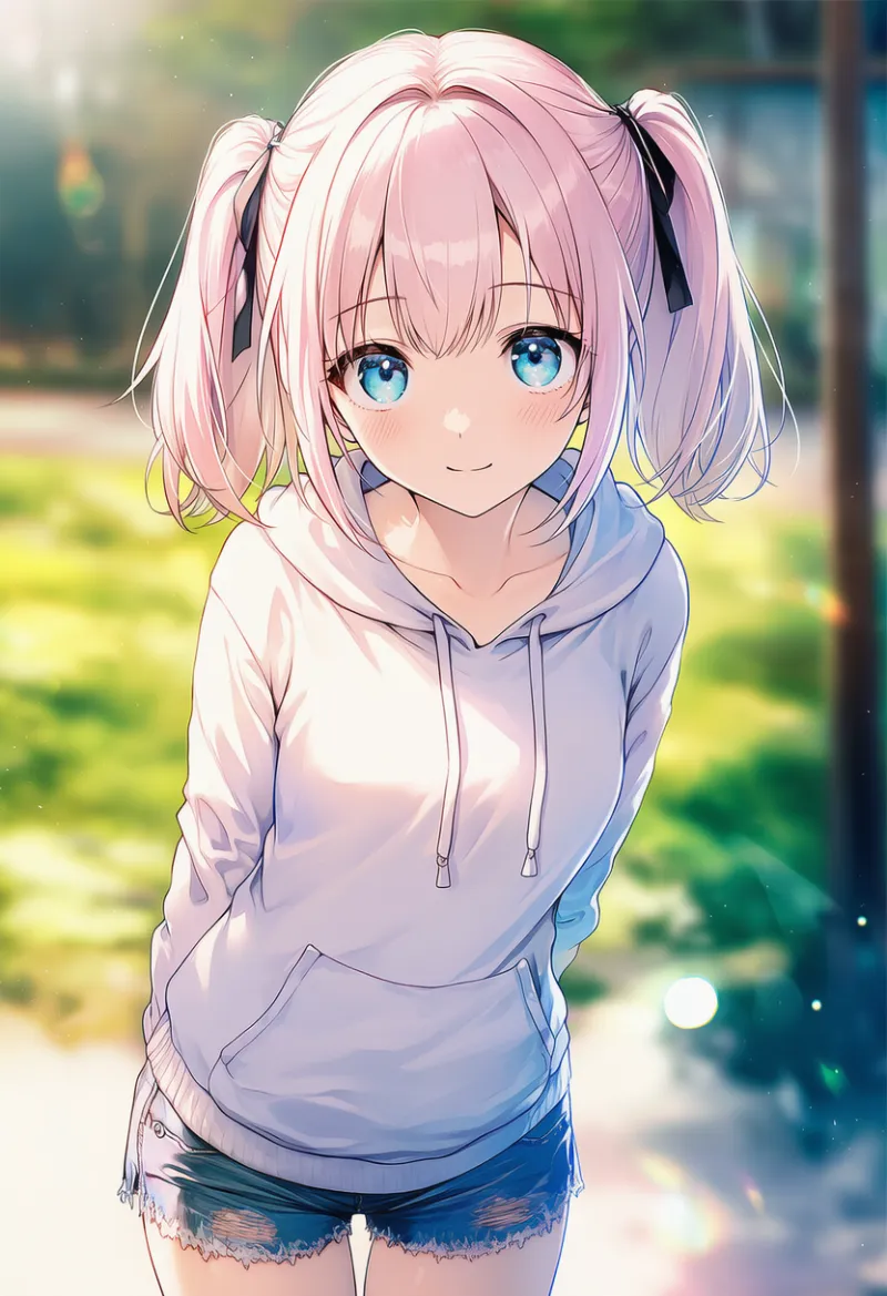 パーカーとデニムショートパンツの組み合わせプロンプトとAIイラスト