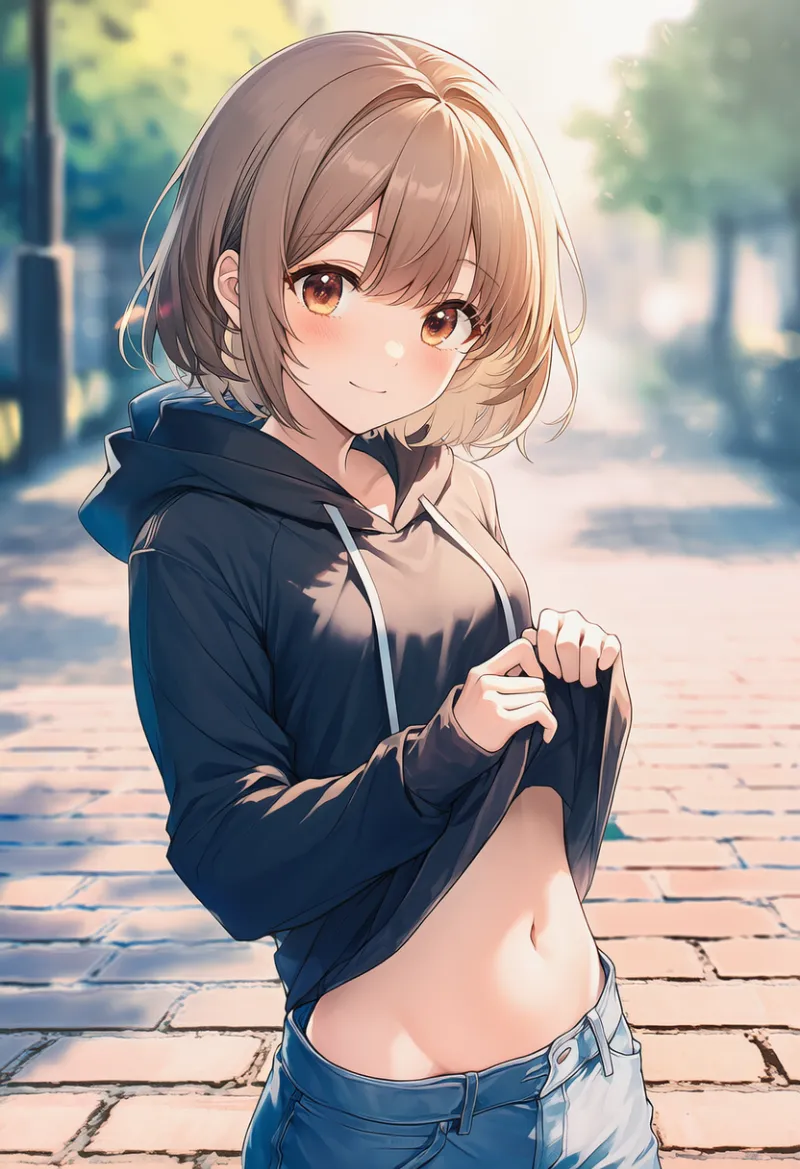 パーカーの裾を持ち上げるポーズのプロンプトとAIイラスト