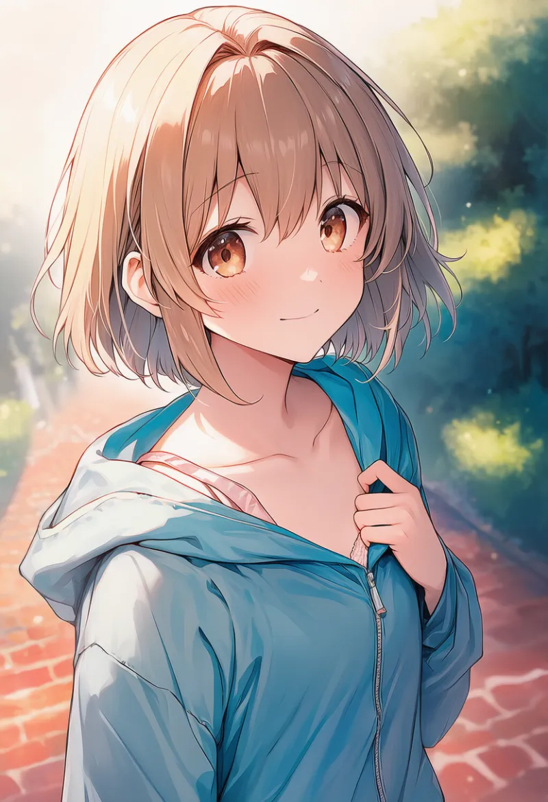 パーカーのフードを引っ張るポーズのプロンプトとAIイラスト