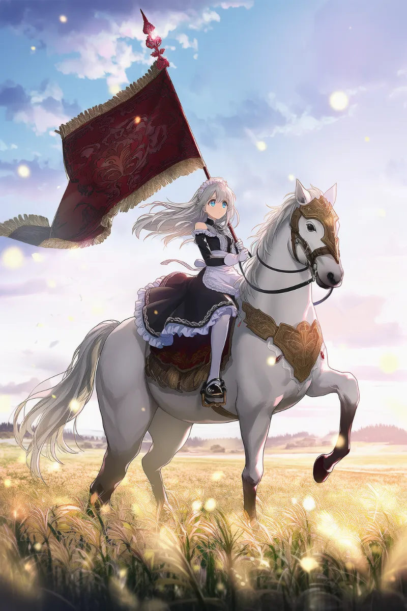 メイドドレス×巨大旗の戦場騎馬スタイルのプロンプトとAIイラスト