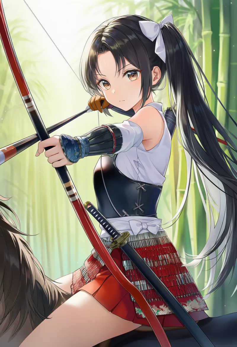 白袖甲冑×赤ミニスカートの騎馬弓兵スタイルのプロンプトとAIイラスト