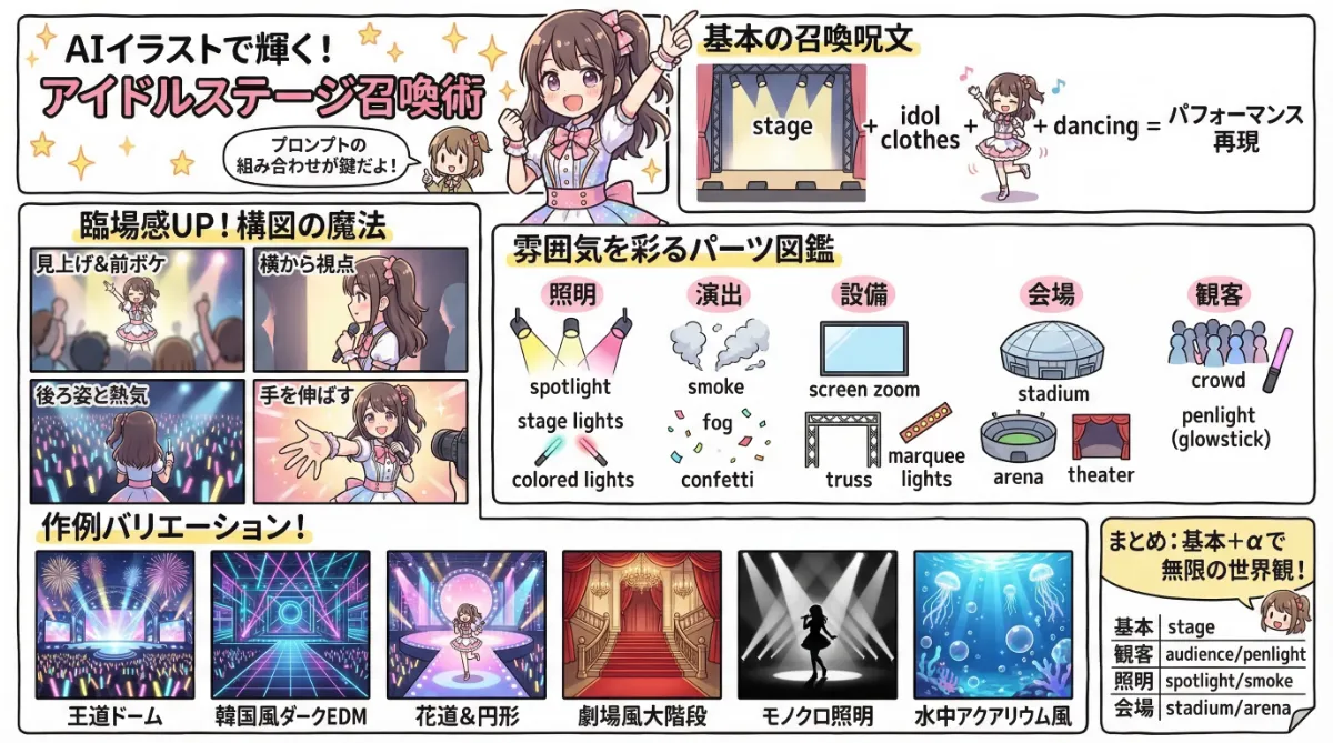 アイドルのステージのプロンプト集【NovelAI】のまとめ用の図解イラスト（グラレコ）