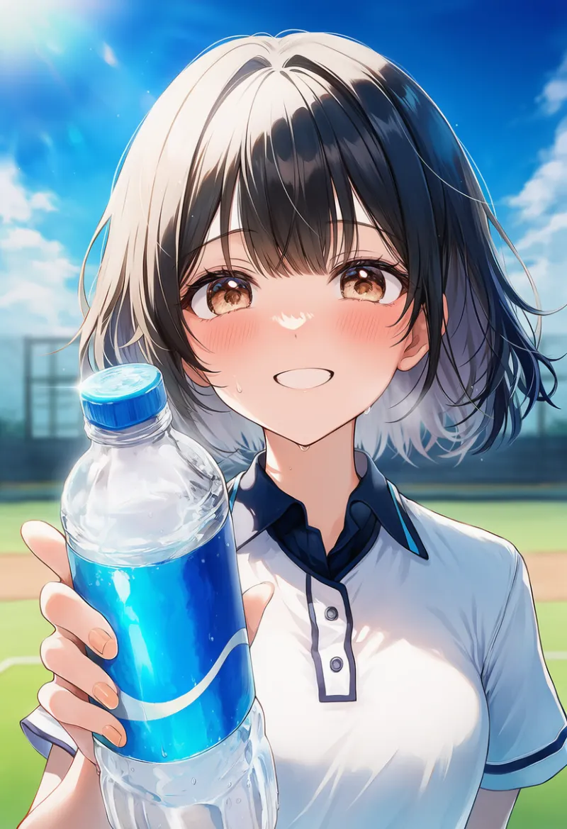 スポーツドリンクを差し出す野球部マネージャーのAIイラストとプロンプト紹介