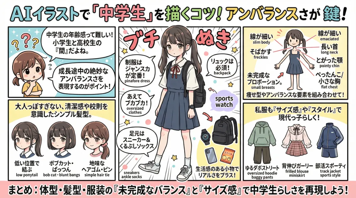 中学生を再現するプロンプト集(髪型・体型・服装)のまとめ用の図解イラスト(グラレコ)
