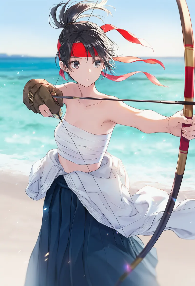 諸肌脱ぎで弓を射るポーズのプロンプト|AIイラスト