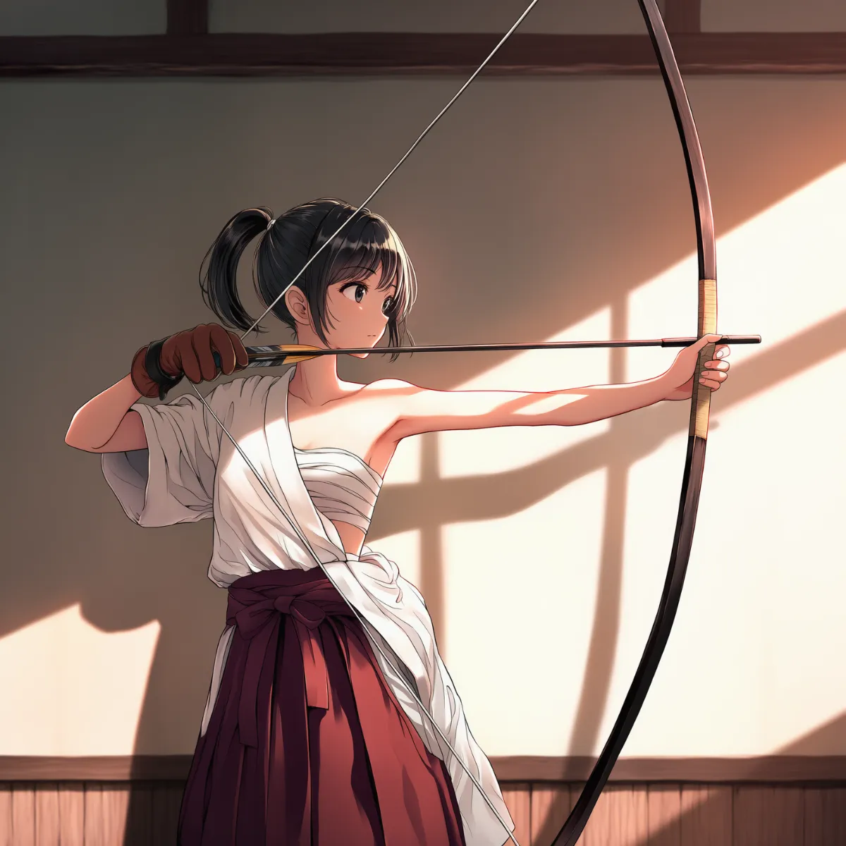 片肌ぬぎで弓を射るポーズのプロンプト|AIイラスト