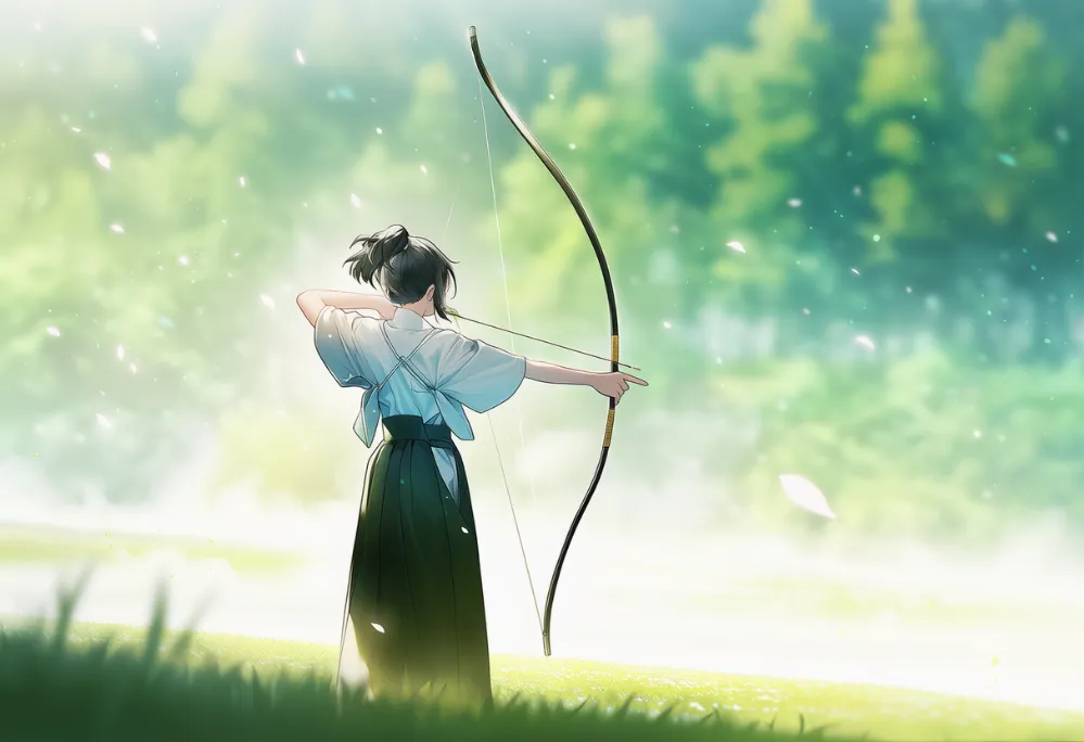 後ろから見る弓道ポーズのプロンプト|AIイラスト
