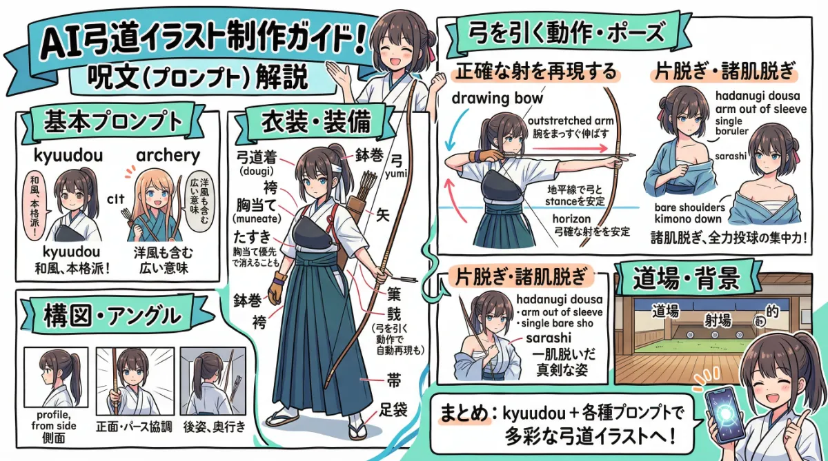 弓道のプロンプト組み立て方ガイド【AIイラスト】のまとめ用の図解イラスト(グラレコ)