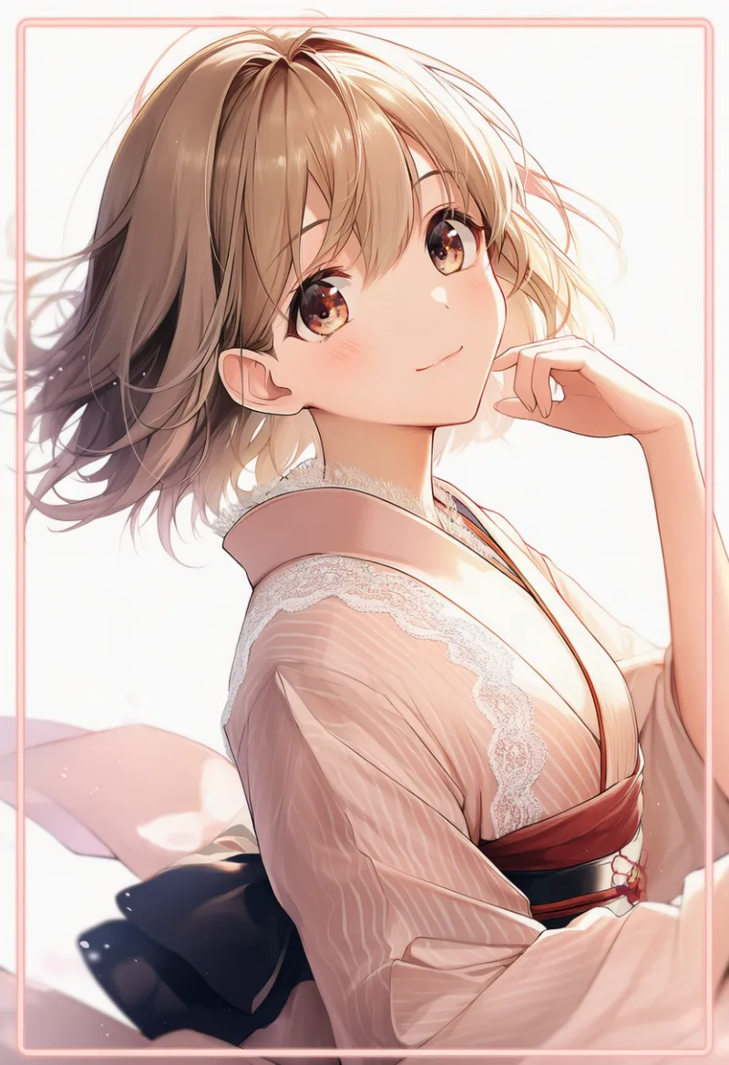 レースの縁取りのある着物|和ロリータに合う服装プロンプト紹介