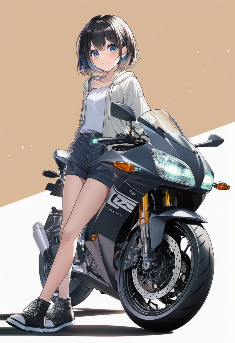 バイクに寄りかかるポーズのプロンプトとAIイラスト