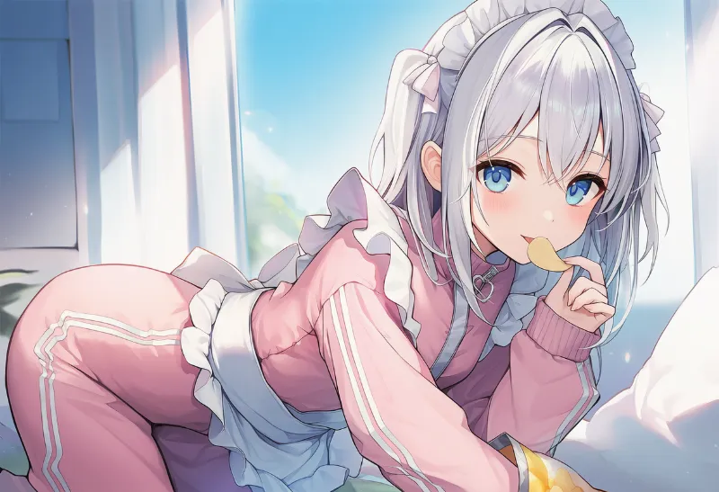 ポテトチップを舐める仕草のプロンプト｜AIイラスト作例