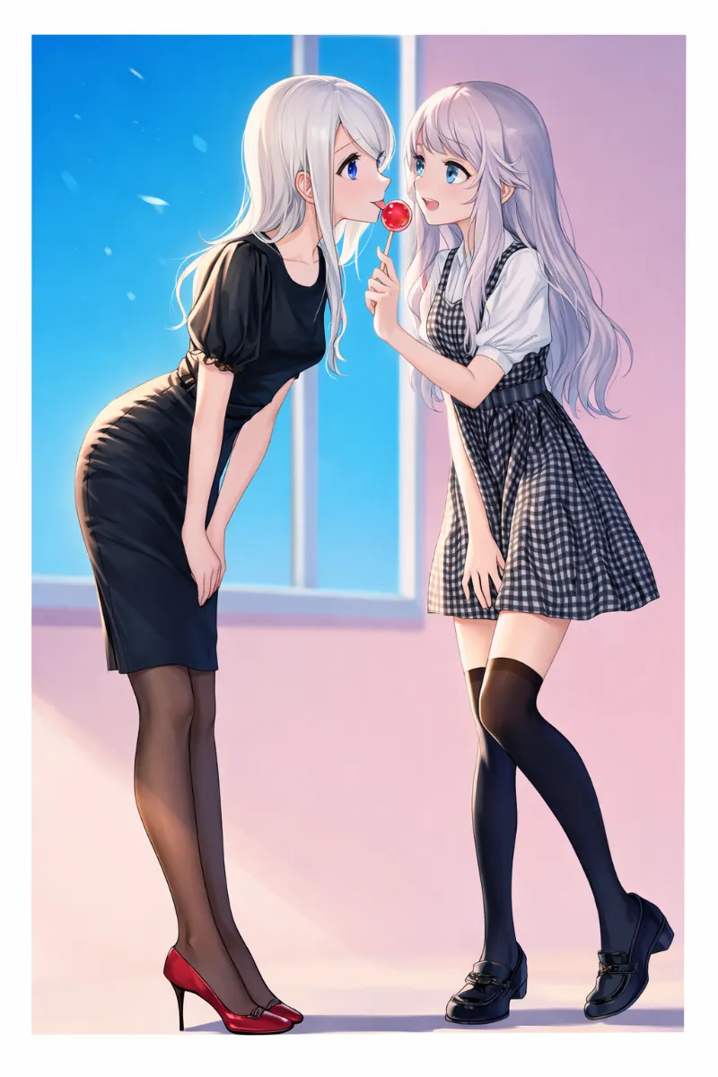 他キャラが持つキャンディーを舐める構図プロンプト｜AIイラスト