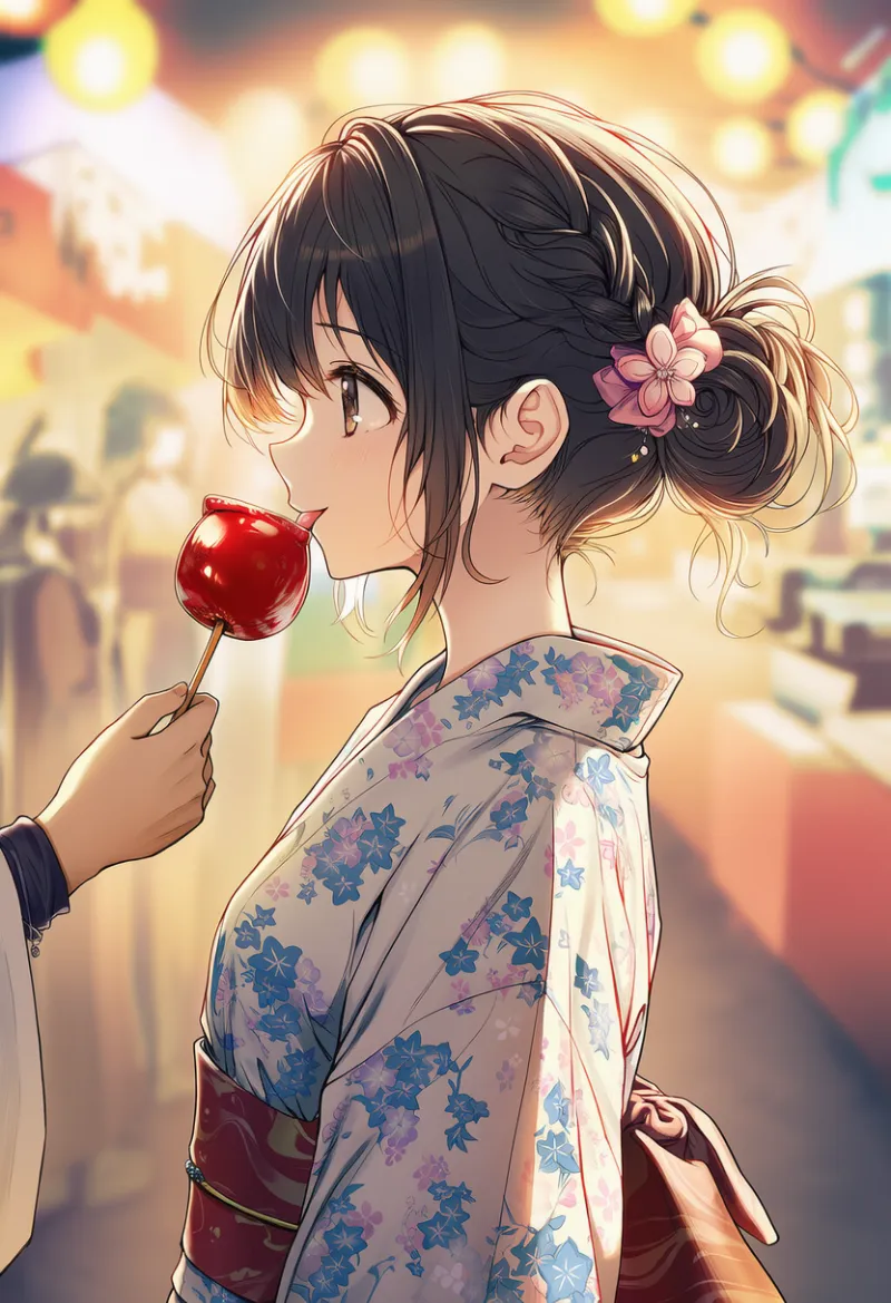 他キャラが持つりんご飴を舐める構図プロンプト｜AIイラスト