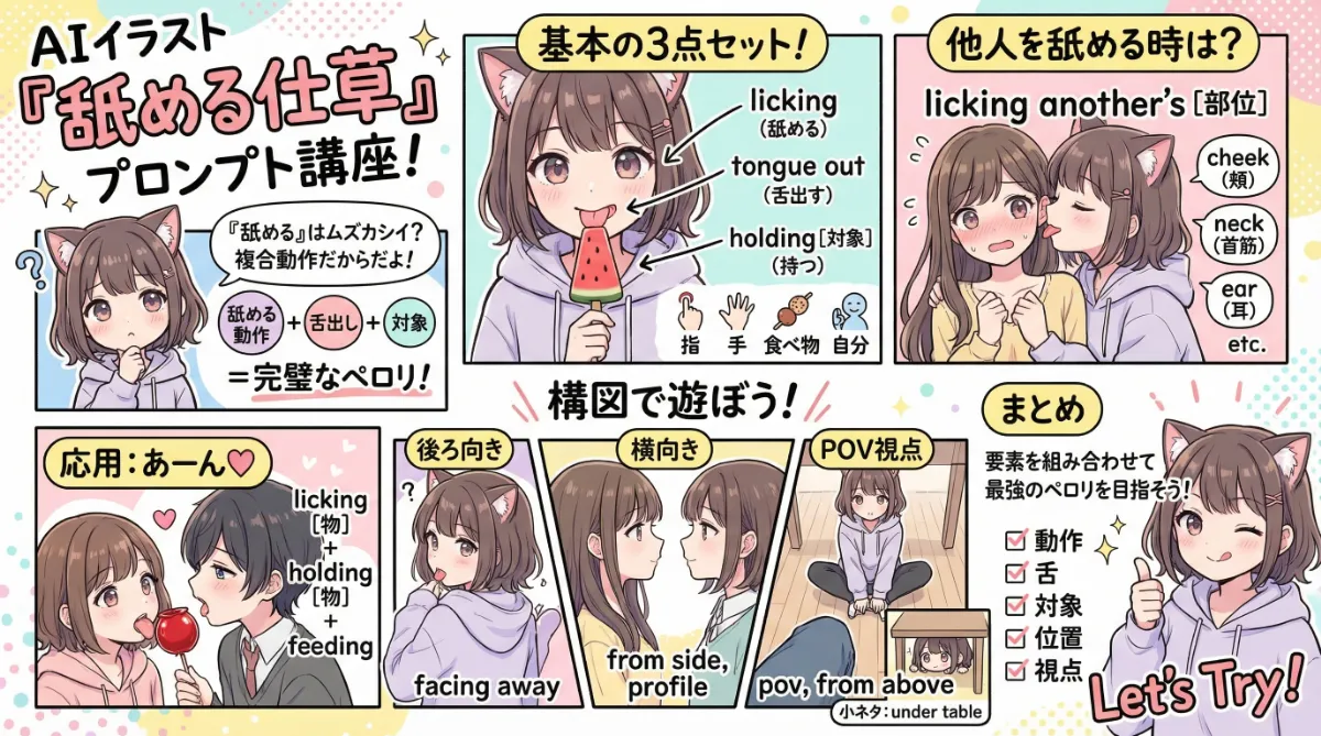 舐める仕草のプロンプト一覧と構図の作り方のまとめ用の図解イラスト（グラレコ）