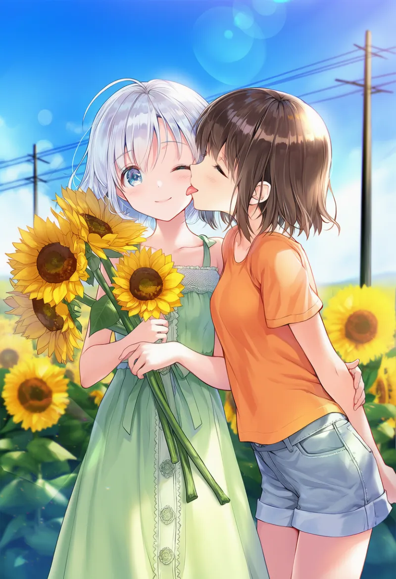 真夏のひまわり畑で、キャラクターの頬を舐めている微笑ましいシーンのAIイラスト作例とプロンプト