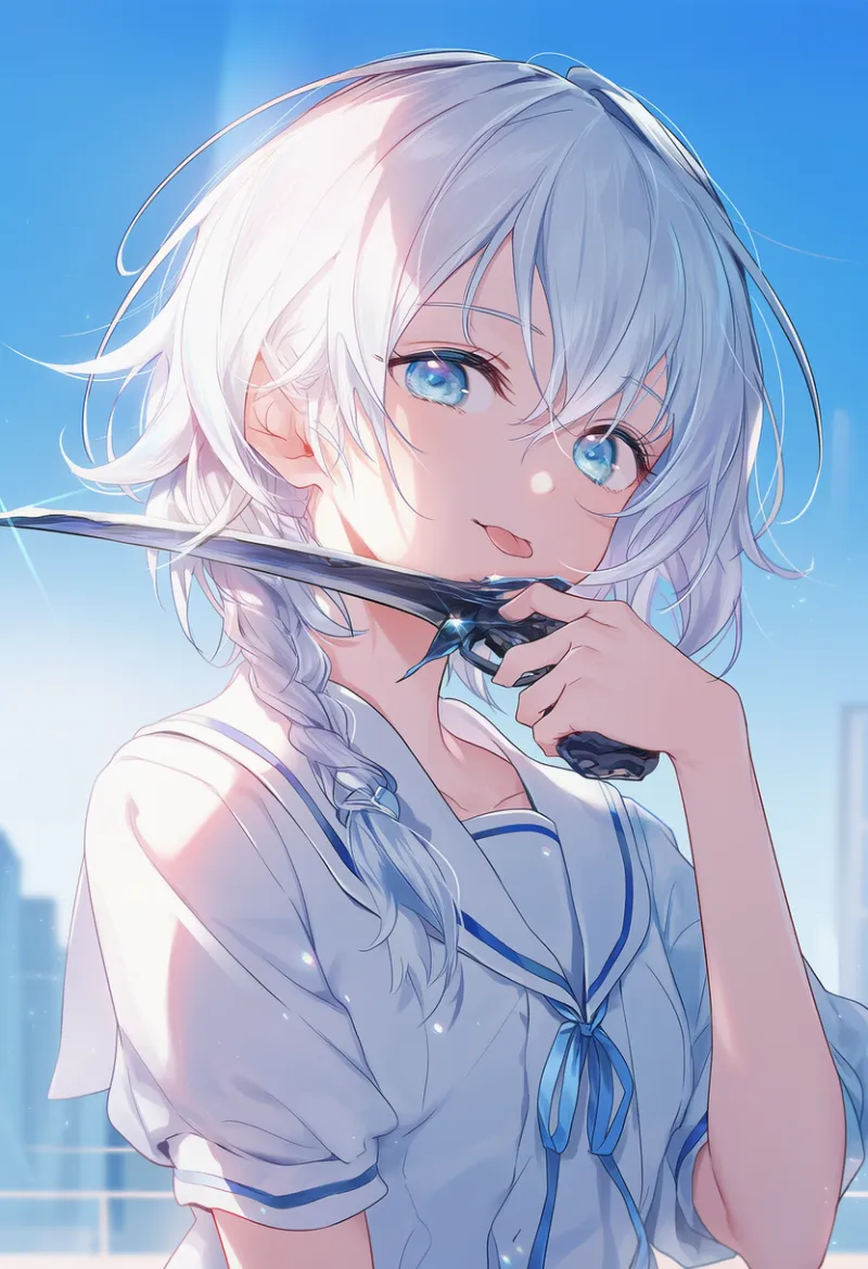 武器を舐める仕草のプロンプト｜AIイラスト作例