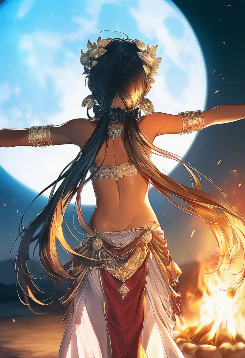 腰布を身につけて月明かりの下でダンスをするAIイラストの作例