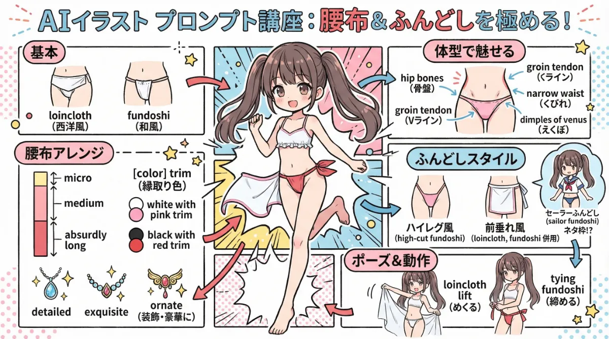 腰布・ふんどしのプロンプト集のまとめ用の図解イラスト（グラレコ）