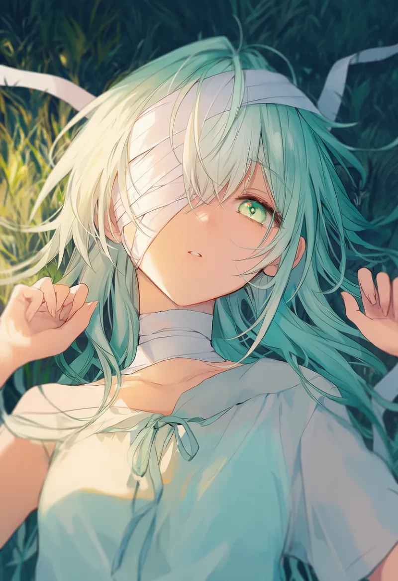 横たわるポーズのプロンプト紹介用のAIイラスト（包帯キャラクター）