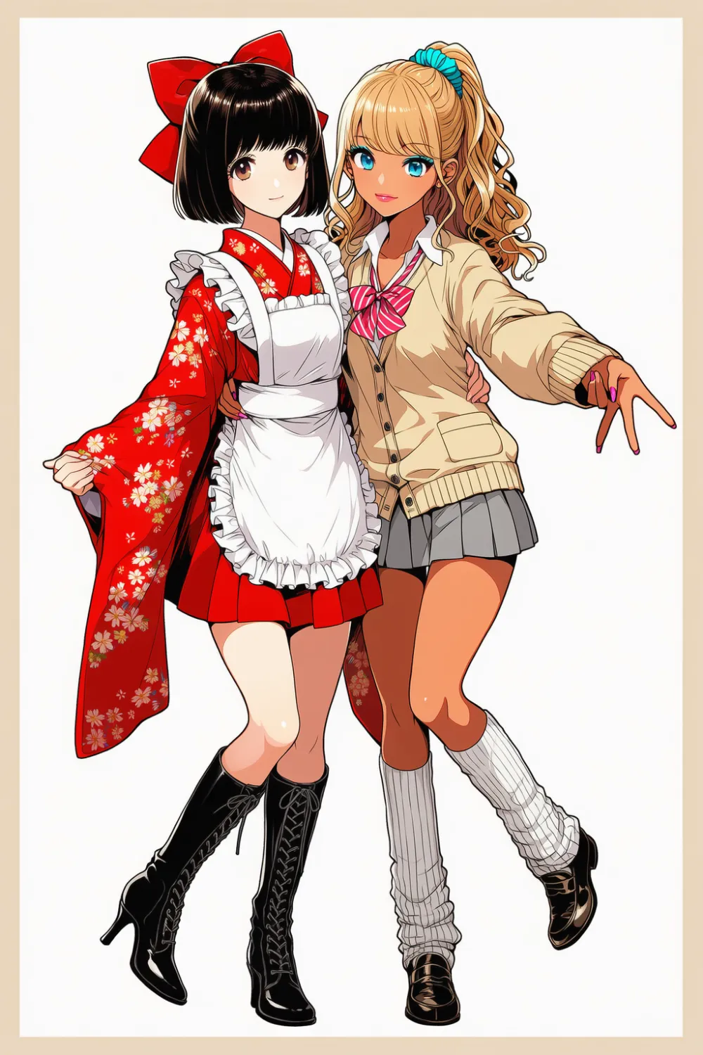 モダンガール（大正ロマン）と平成コギャルの美少女2人が並んでポーズを決めるAIイラスト作例とプロンプト紹介