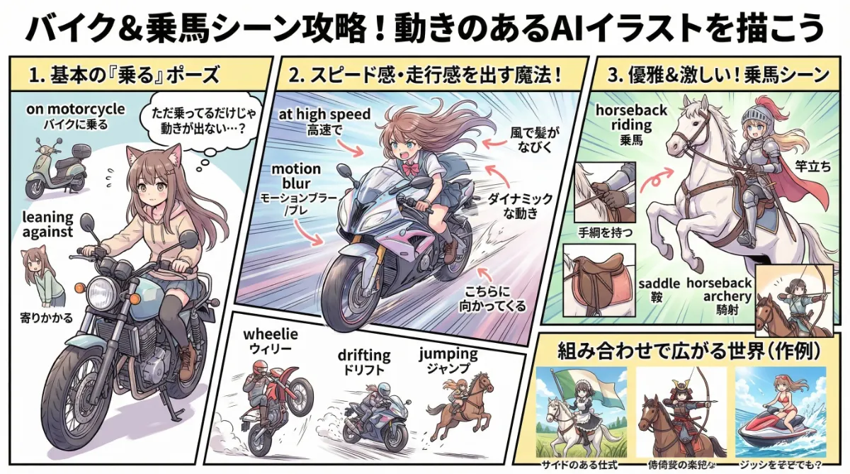バイクに乗るポーズと乗馬シーンのプロンプト集のまとめ用の図解資料（グラレコ）