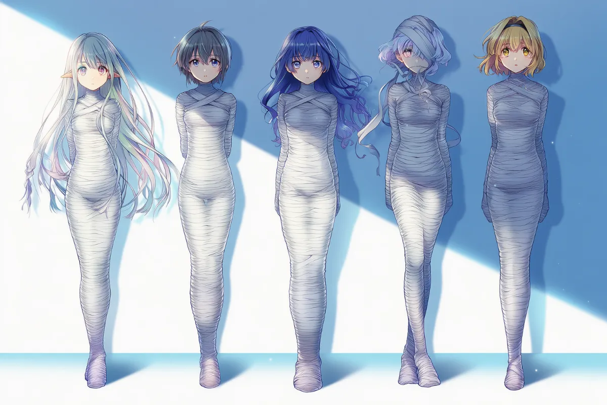 全身を包帯で巻く（ぐるぐる巻き）プロンプト（mummification bound）とAIイラスト