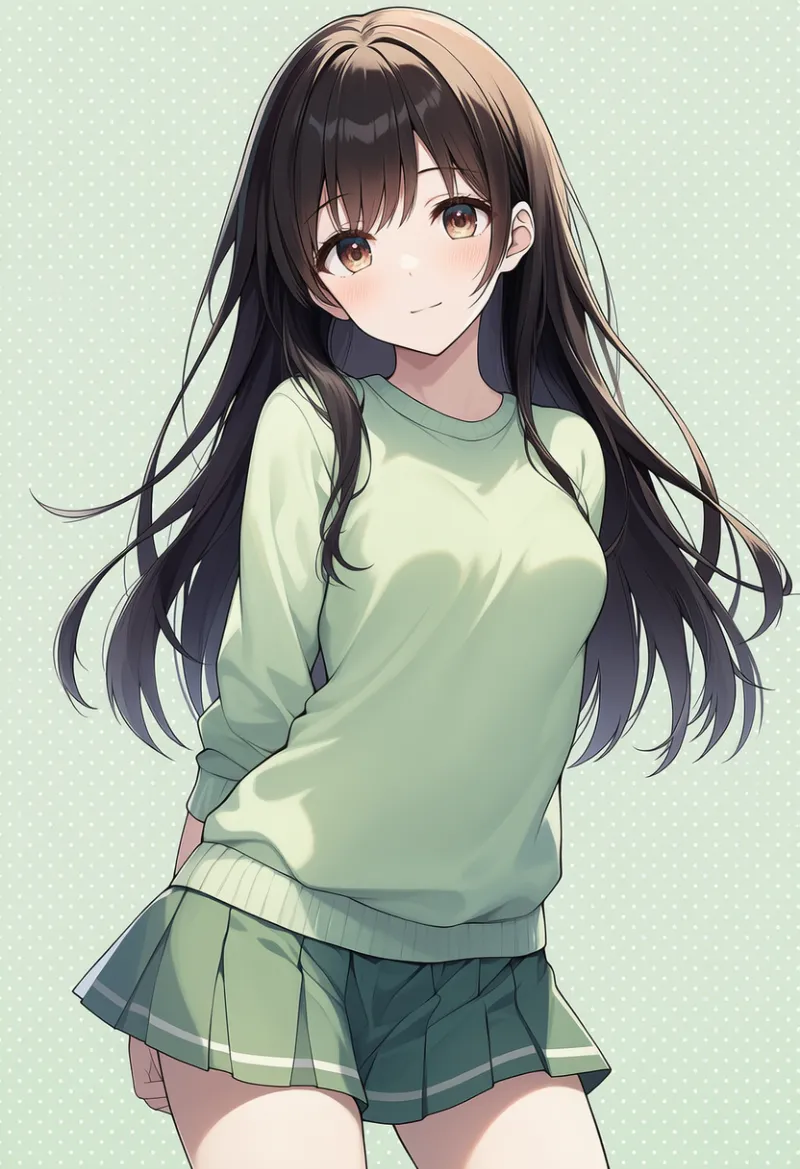 ワントーンのスウェットセットアップ(ミニスカート)風コーデのAIイラストとプロンプト紹介