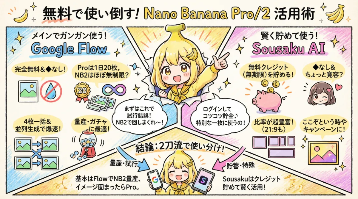 Nano Banana（Pro・2）を無料で使う活用術（◆なし）のまとめ用の図解イラスト