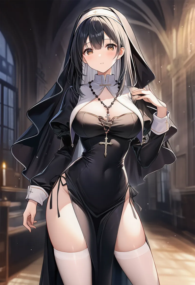 胸元強調とサイドスリットの入った修道服のAIイラスト