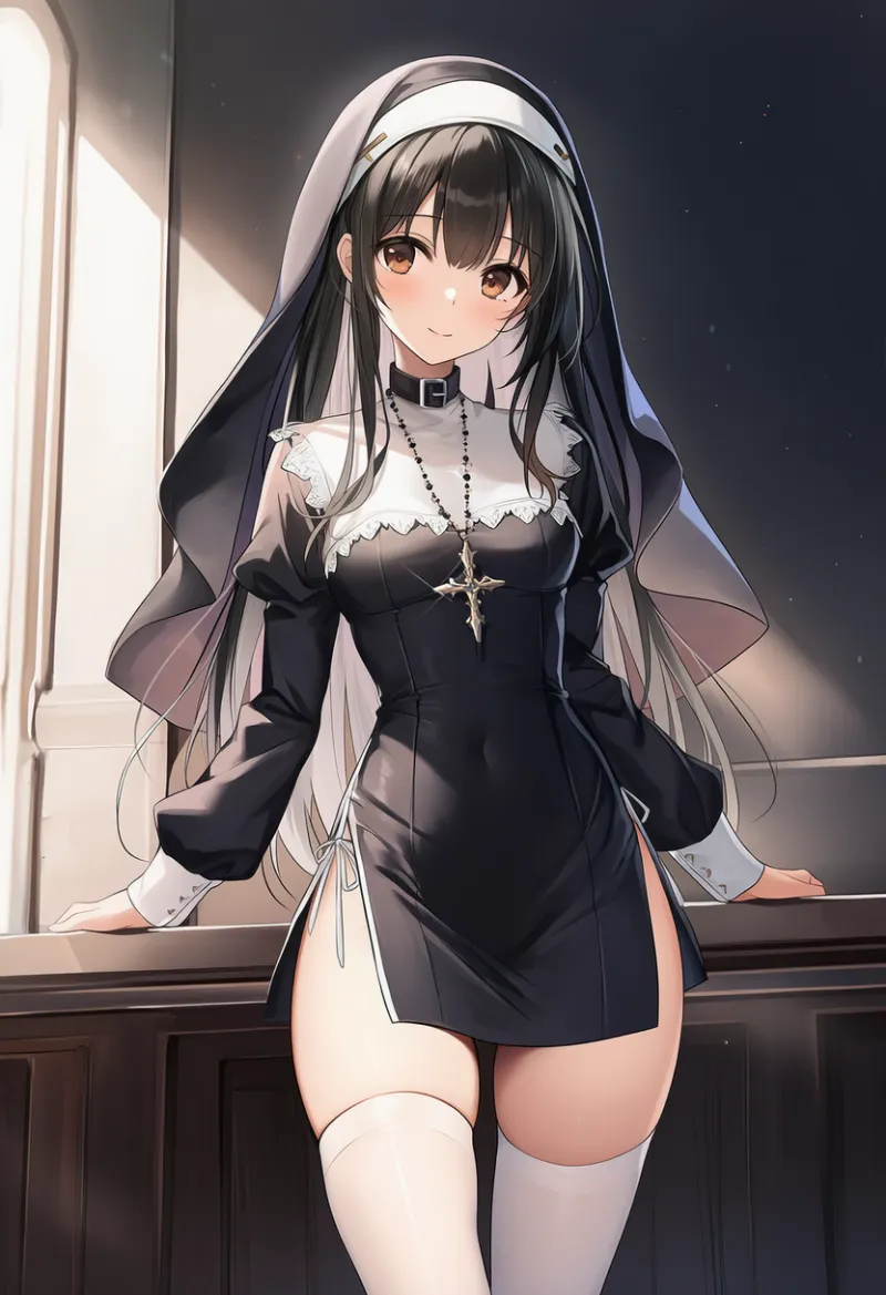 ミニ丈の修道服デザインのAIイラスト