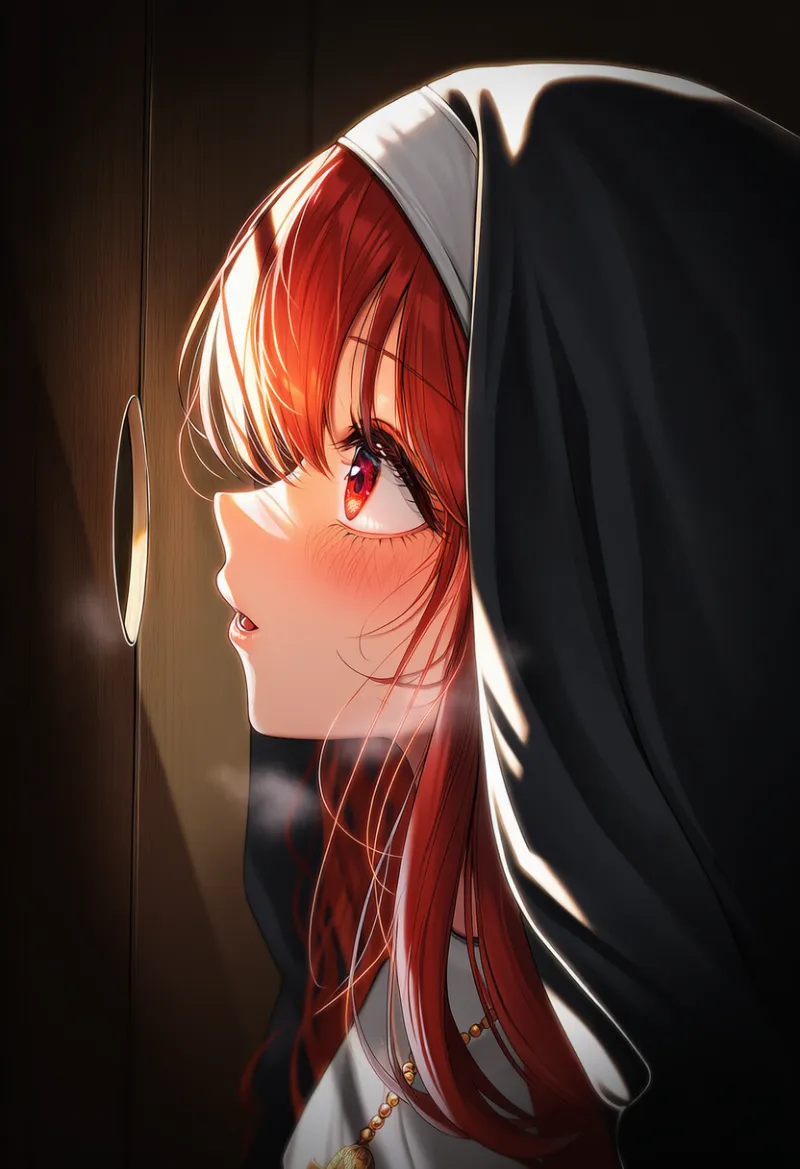 壁穴の向こうを覗こうとする修道女のAIイラスト